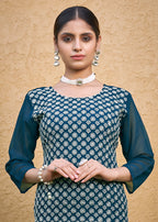 Monjolika Fashion Embroidered Georgette Straight Kurta Set In Teal Blue | Grocsy