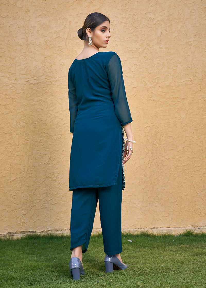 Monjolika Fashion Embroidered Georgette Straight Kurta Set In Teal Blue | Grocsy