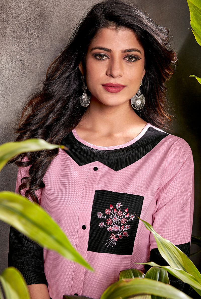 Monjolika Fashion Silk Embroidered Designer Kurti In Light Pink | Grocsy
