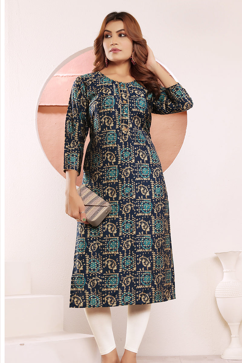 Monjolika Fashion Viscose Navy Blue Buttons Party Wear Kurti For Party | Grocsy