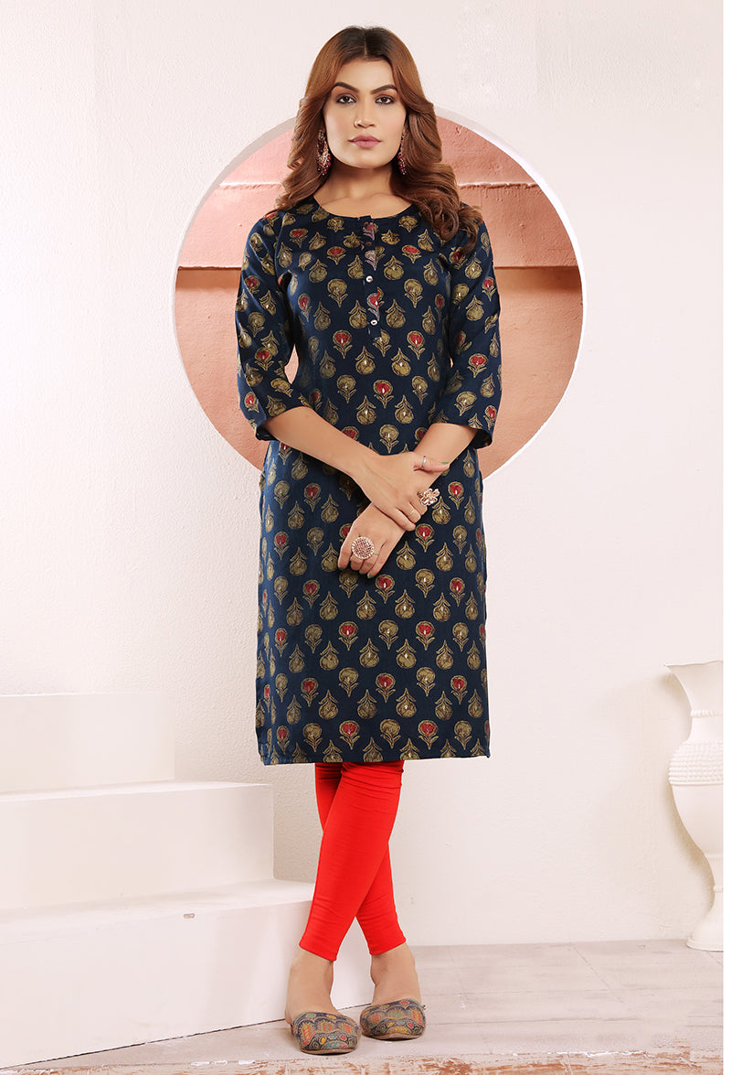 Monjolika Fashion Navy Blue Print Viscose Casual Kurti | Grocsy