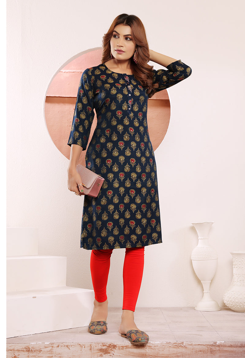 Monjolika Fashion Navy Blue Print Viscose Casual Kurti | Grocsy