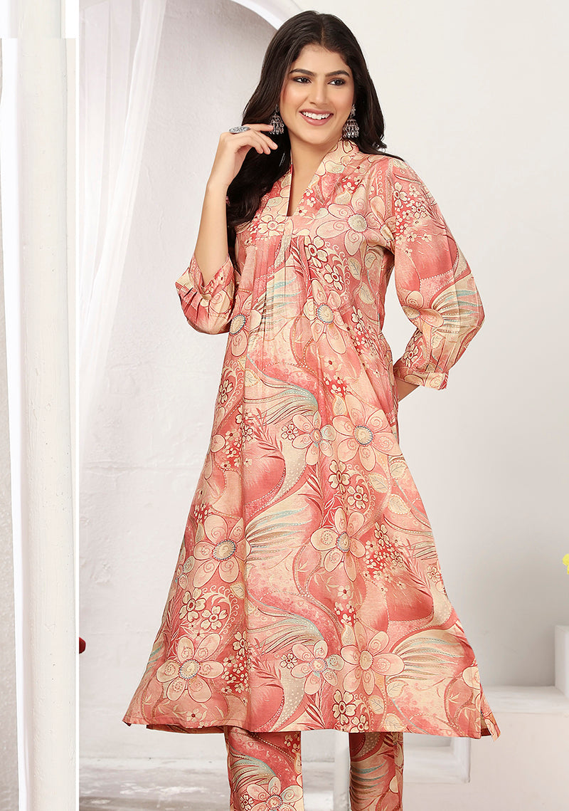 Monjolika Fashion Peach And Pink Rayon Floral Print Casual Kurti | Grocsy