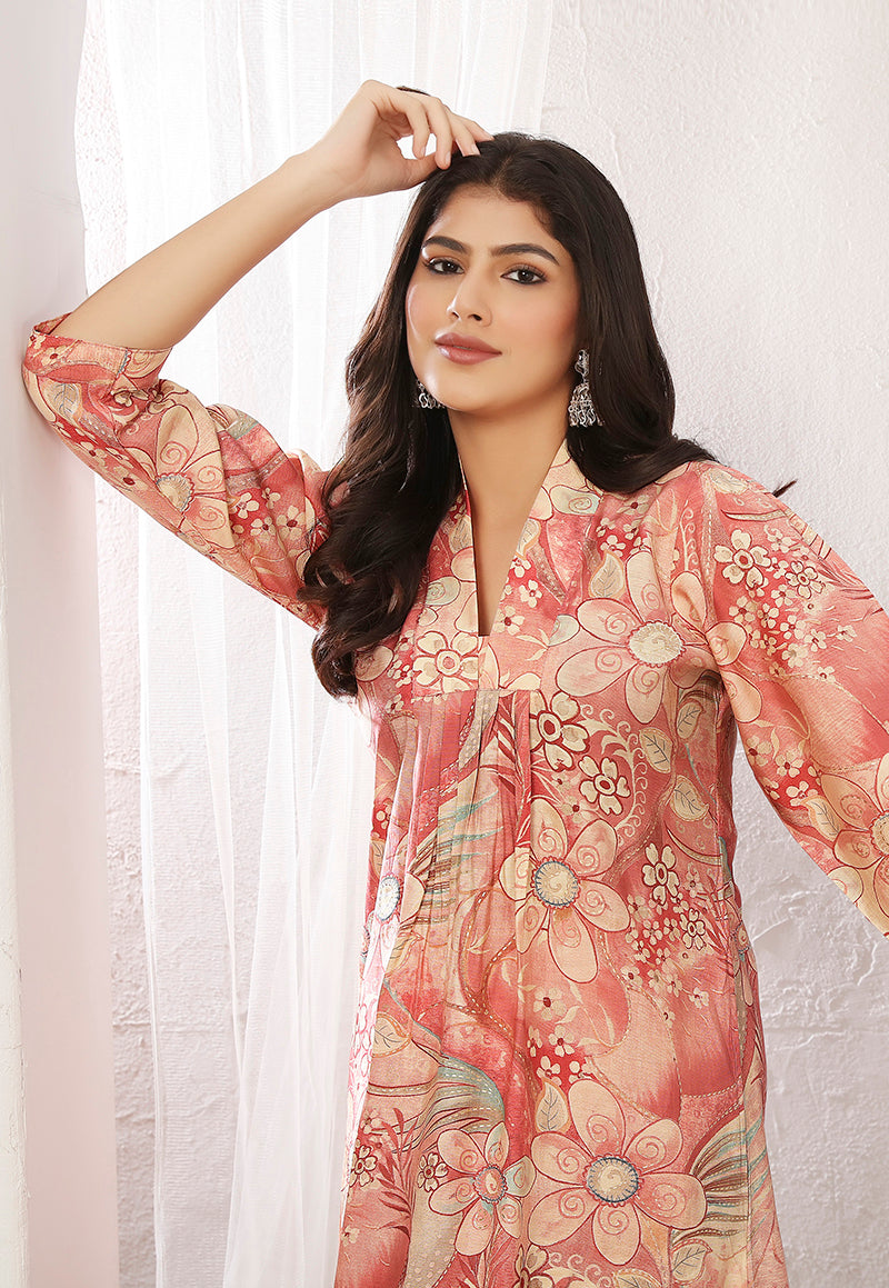 Monjolika Fashion Peach And Pink Rayon Floral Print Casual Kurti | Grocsy