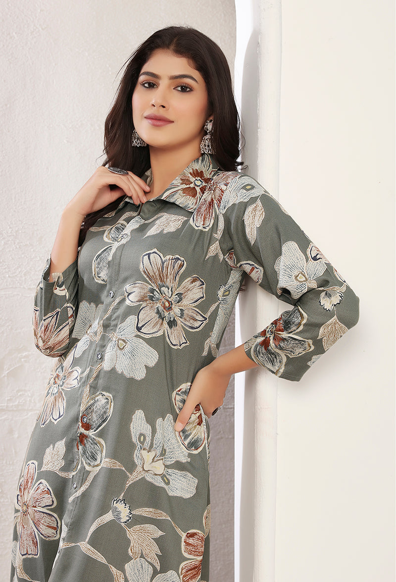 Monjolika Fashion Grey Rayon Floral Print Casual Kurti | Grocsy