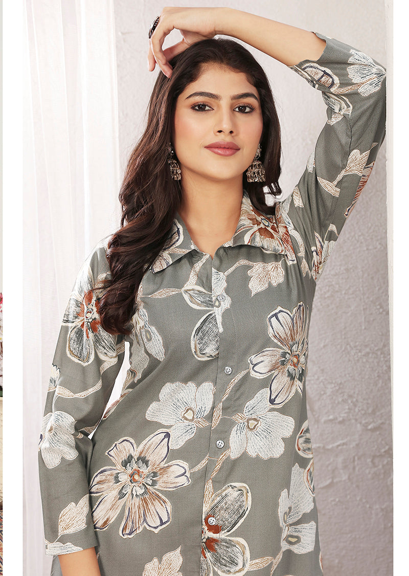 Monjolika Fashion Grey Rayon Floral Print Casual Kurti | Grocsy