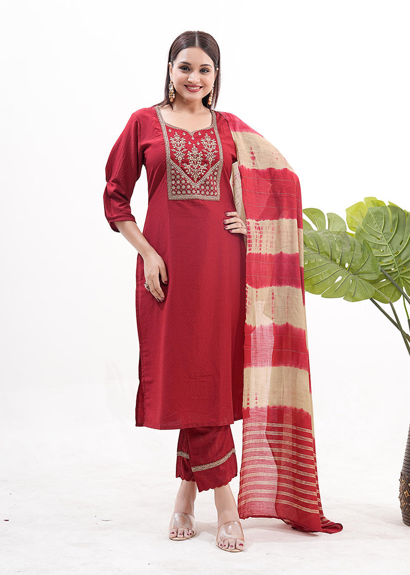 Monjolika Fashion Silk Embroidered Maroon Readymade Salwar Kameez | Grocsy