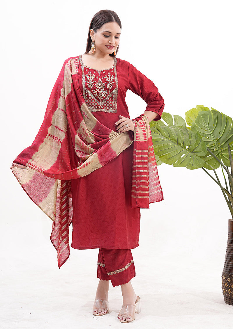 Monjolika Fashion Silk Embroidered Maroon Readymade Salwar Kameez | Grocsy