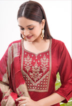 Monjolika Fashion Silk Embroidered Maroon Readymade Salwar Kameez | Grocsy