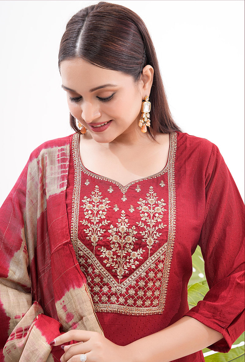 Monjolika Fashion Silk Embroidered Maroon Readymade Salwar Kameez | Grocsy