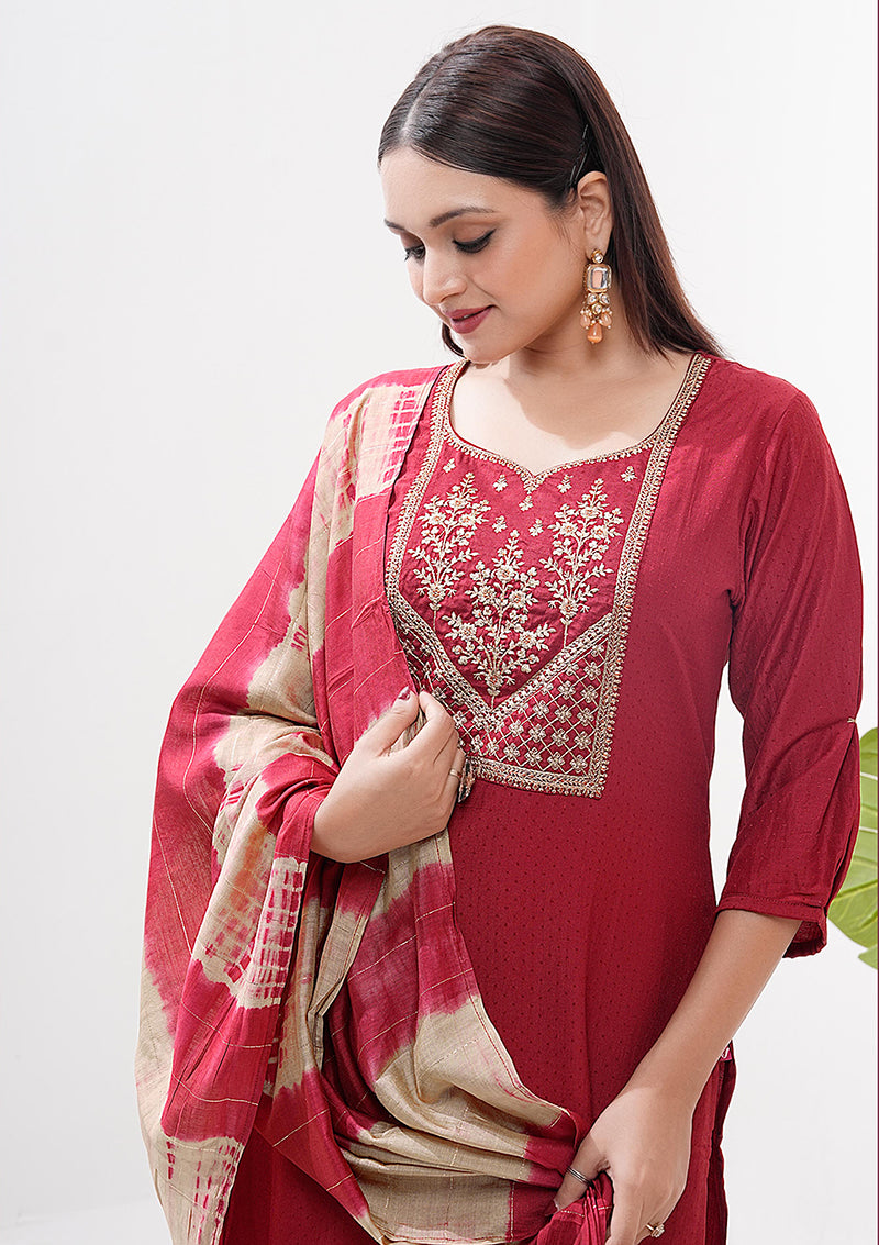 Monjolika Fashion Silk Embroidered Maroon Readymade Salwar Kameez | Grocsy