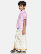 Sethukrishna Boys Pink & White Solid Shirt with Veshti Set | Grocsy
