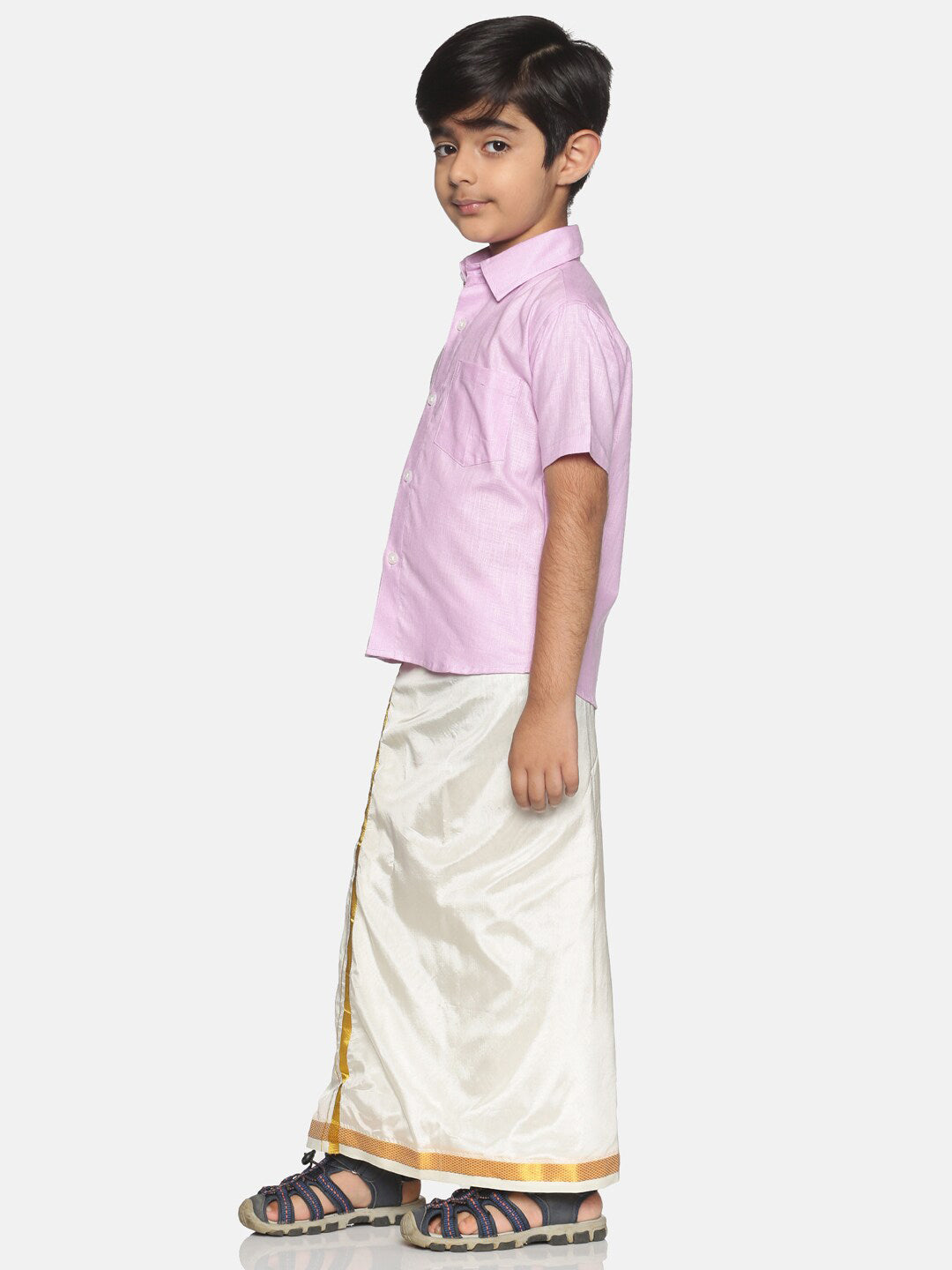 Sethukrishna Boys Pink & White Solid Shirt with Veshti Set | Grocsy