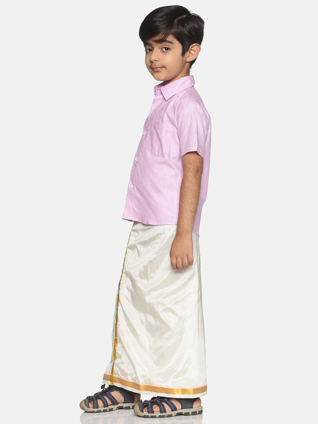 Sethukrishna Boys Pink & White Solid Shirt with Veshti Set | Grocsy