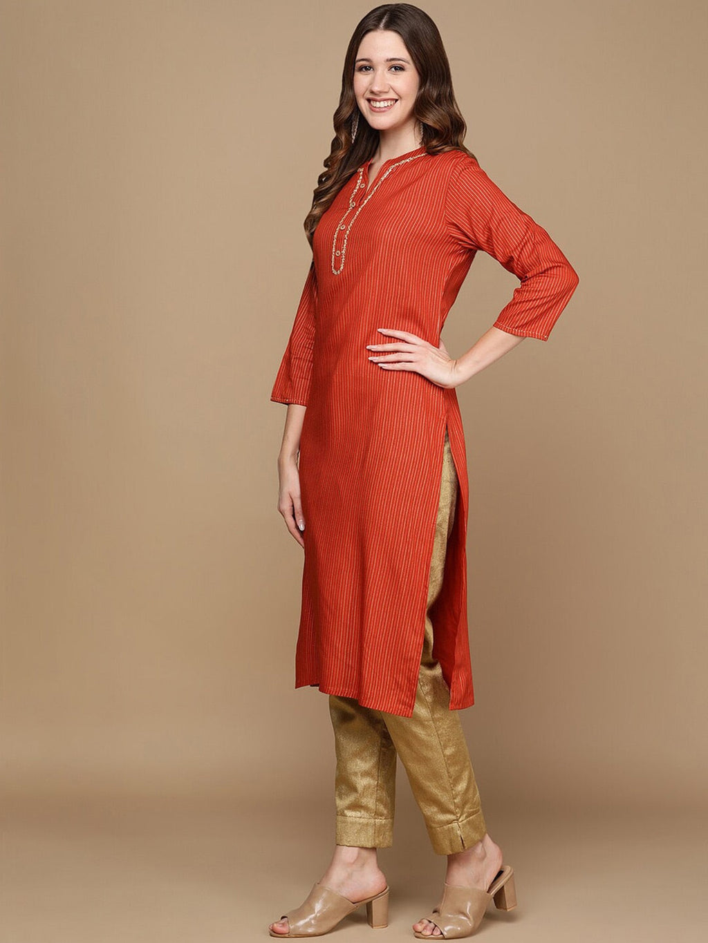HERE&NOW Orange & Gold-Toned Mandarin Collar Striped Sequined Straight Kurta | Grocsy