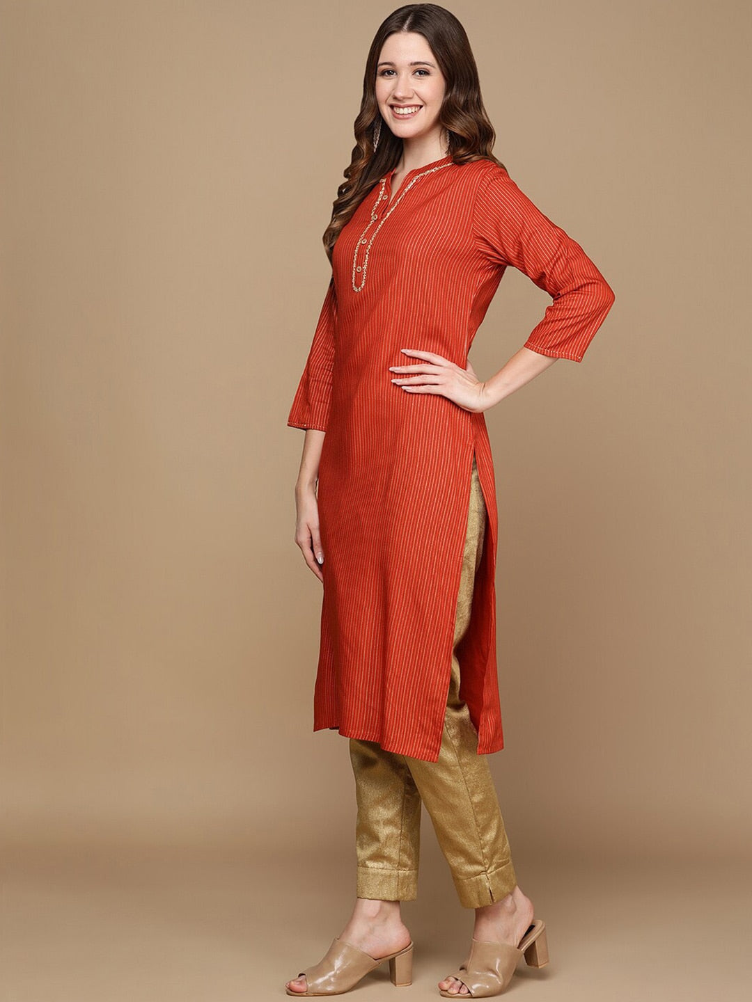 HERE&NOW Orange & Gold-Toned Mandarin Collar Striped Sequined Straight Kurta | Grocsy