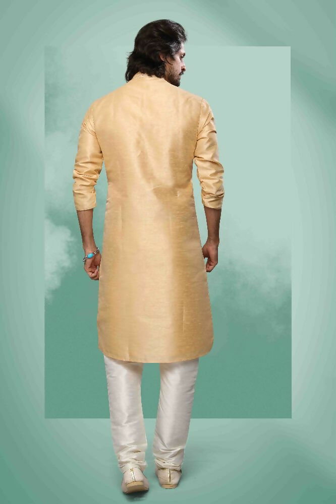 Raivat Ethnic Art Silk Mirror Embroidery Work Kurta Pajama In Beige Colour | Grocsy