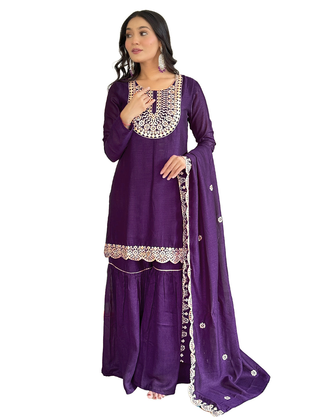 The52 Women's Gorgeous Vichitra Silk Embroidery Straight Kurta with Sharara and Dupatta Set | Grocsy