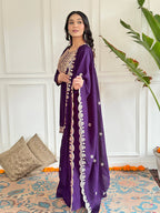 The52 Women's Gorgeous Vichitra Silk Embroidery Straight Kurta with Sharara and Dupatta Set | Grocsy