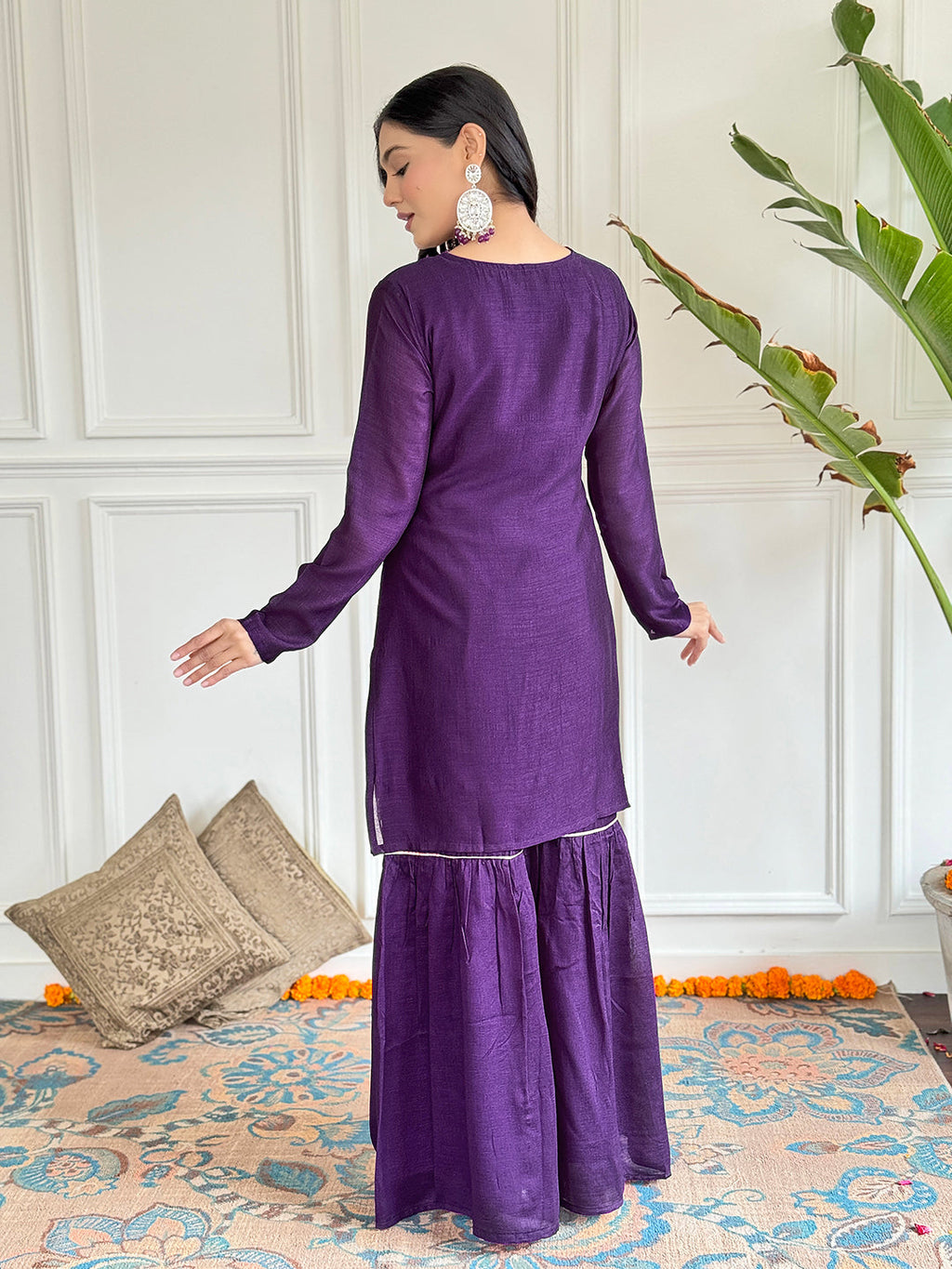 The52 Women's Gorgeous Vichitra Silk Embroidery Straight Kurta with Sharara and Dupatta Set | Grocsy