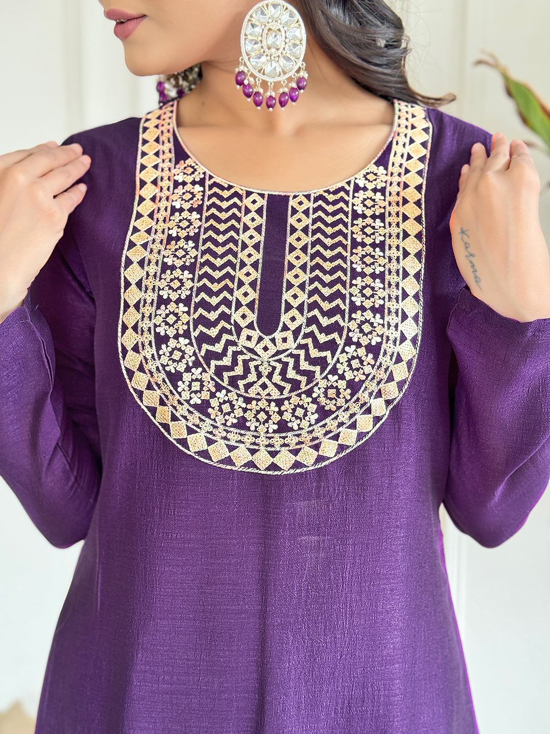 The52 Women's Gorgeous Vichitra Silk Embroidery Straight Kurta with Sharara and Dupatta Set | Grocsy