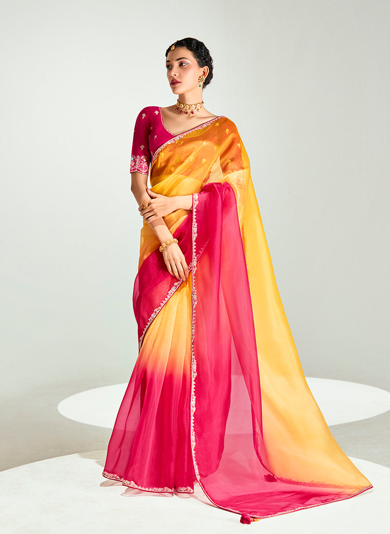 Monjolika Fashion Yellow And Rani Pink Organza Tissue Sequins Embroidery Handwork Wedding Wear Saree | Grocsy
