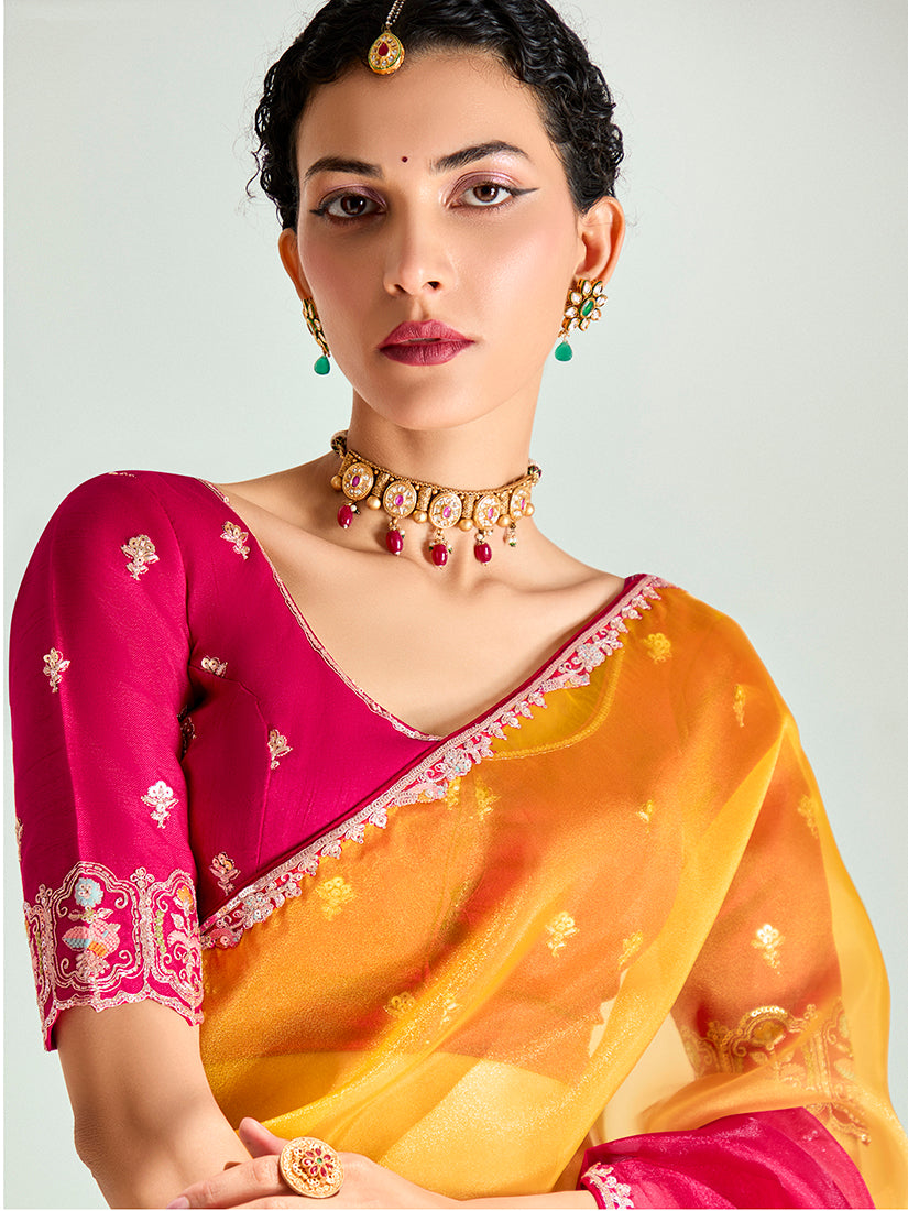 Monjolika Fashion Yellow And Rani Pink Organza Tissue Sequins Embroidery Handwork Wedding Wear Saree | Grocsy