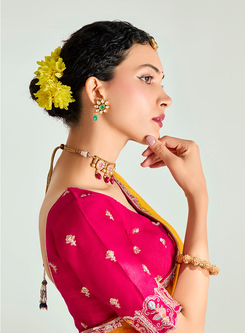 Monjolika Fashion Yellow And Rani Pink Organza Tissue Sequins Embroidery Handwork Wedding Wear Saree | Grocsy