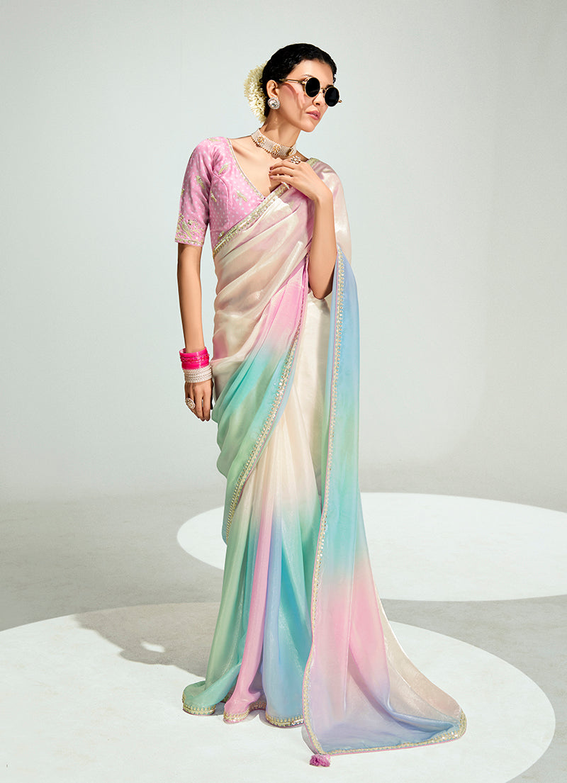 Monjolika Fashion Organza Tissue Multi Colour Sequins Embroidery Handwork Engagement Wear Saree | Grocsy