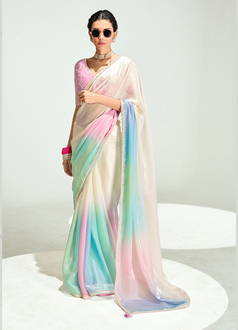 Monjolika Fashion Organza Tissue Multi Colour Sequins Embroidery Handwork Engagement Wear Saree | Grocsy