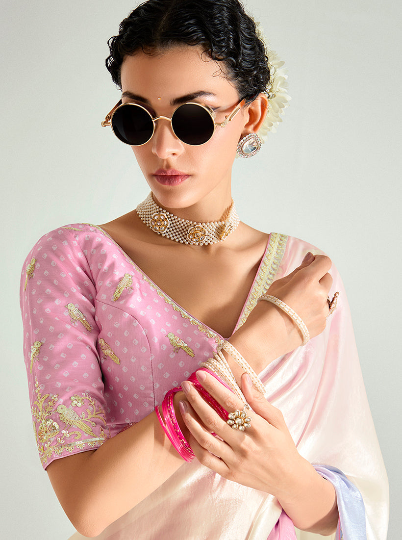 Monjolika Fashion Organza Tissue Multi Colour Sequins Embroidery Handwork Engagement Wear Saree | Grocsy