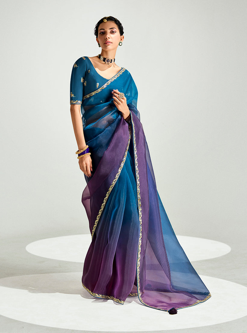 Monjolika Fashion Organza Tissue Morpeach And Purple Sequins Embroidery Handwork Engagement Wear Saree | Grocsy