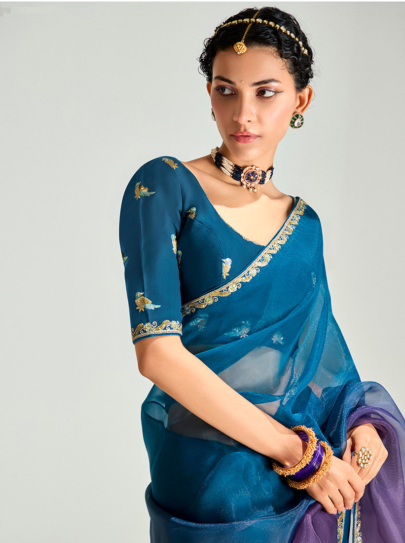 Monjolika Fashion Organza Tissue Morpeach And Purple Sequins Embroidery Handwork Engagement Wear Saree | Grocsy