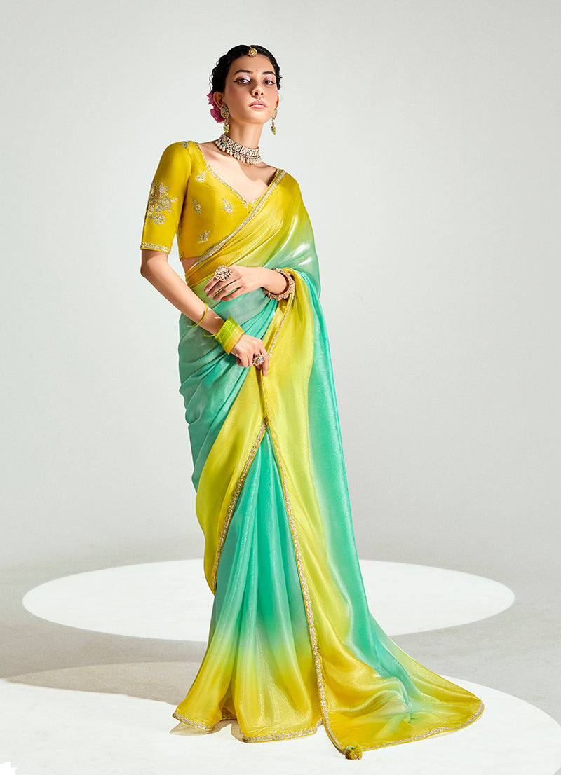 Monjolika Fashion Organza Tissue Yellow And Sea Green Sequins Embroidery Handwork Engagement Wear Saree | Grocsy