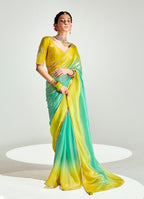 Monjolika Fashion Organza Tissue Yellow And Sea Green Sequins Embroidery Handwork Engagement Wear Saree | Grocsy