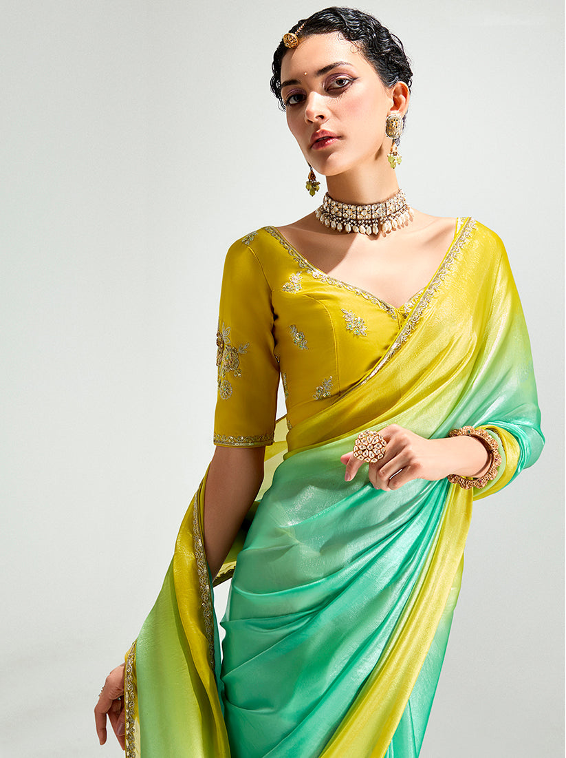 Monjolika Fashion Organza Tissue Yellow And Sea Green Sequins Embroidery Handwork Engagement Wear Saree | Grocsy