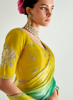 Monjolika Fashion Organza Tissue Yellow And Sea Green Sequins Embroidery Handwork Engagement Wear Saree | Grocsy