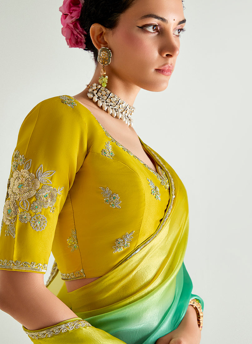 Monjolika Fashion Organza Tissue Yellow And Sea Green Sequins Embroidery Handwork Engagement Wear Saree | Grocsy