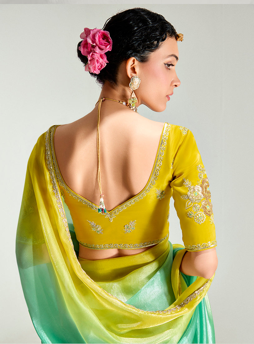 Monjolika Fashion Organza Tissue Yellow And Sea Green Sequins Embroidery Handwork Engagement Wear Saree | Grocsy