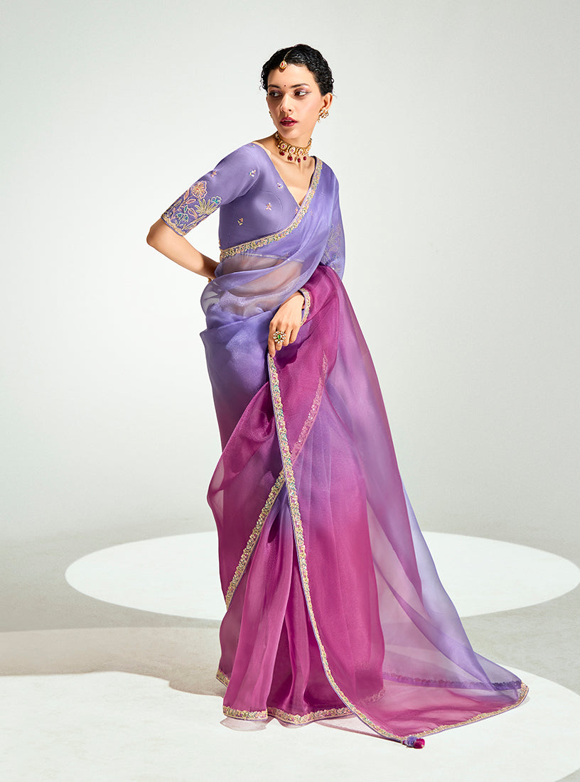 Monjolika Fashion Lavender And Magenta Organza Tissue Sequins Embroidery Handwork Wedding Wear Saree | Grocsy
