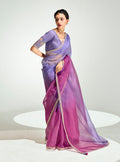 Monjolika Fashion Lavender And Magenta Organza Tissue Sequins Embroidery Handwork Wedding Wear Saree | Grocsy