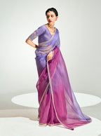 Monjolika Fashion Lavender And Magenta Organza Tissue Sequins Embroidery Handwork Wedding Wear Saree | Grocsy