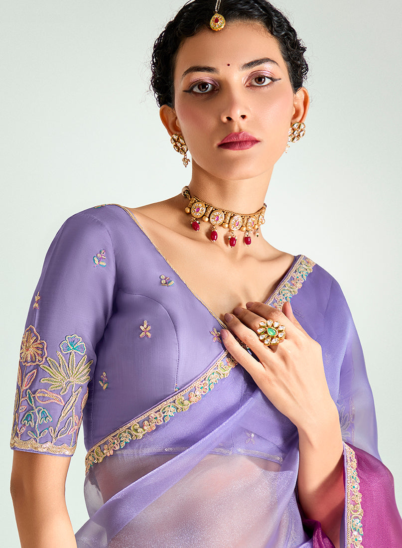 Monjolika Fashion Lavender And Magenta Organza Tissue Sequins Embroidery Handwork Wedding Wear Saree | Grocsy