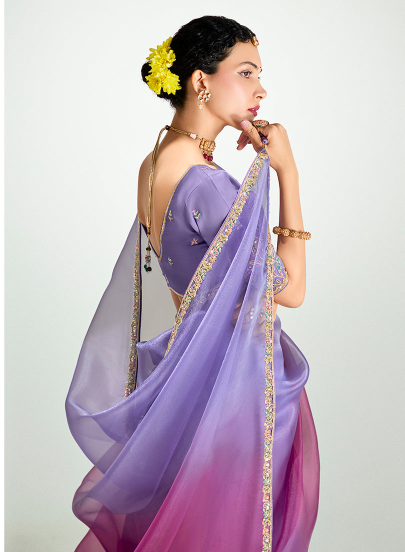 Monjolika Fashion Lavender And Magenta Organza Tissue Sequins Embroidery Handwork Wedding Wear Saree | Grocsy