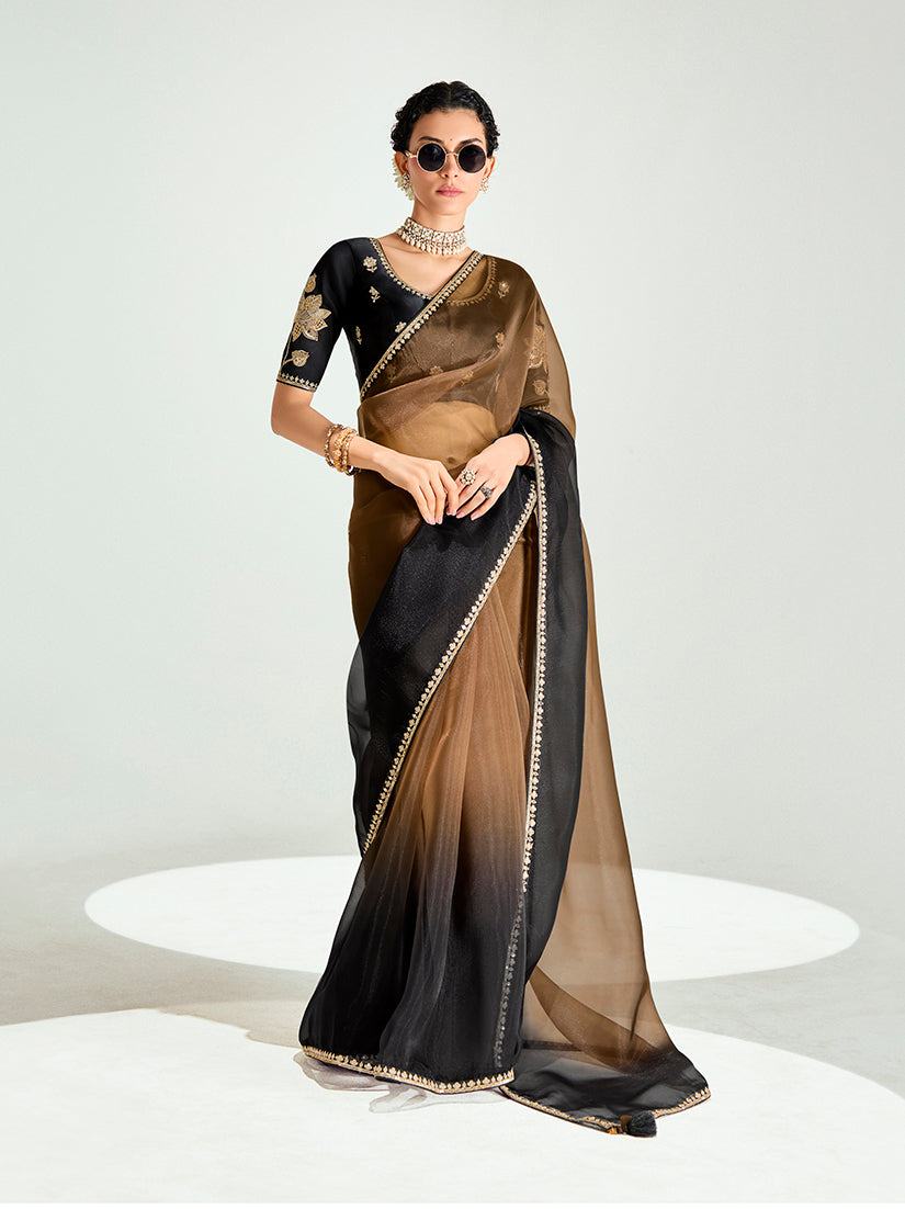 Monjolika Fashion Brown And Black Organza Tissue Sequins Embroidery Handwork Wedding Wear Saree | Grocsy