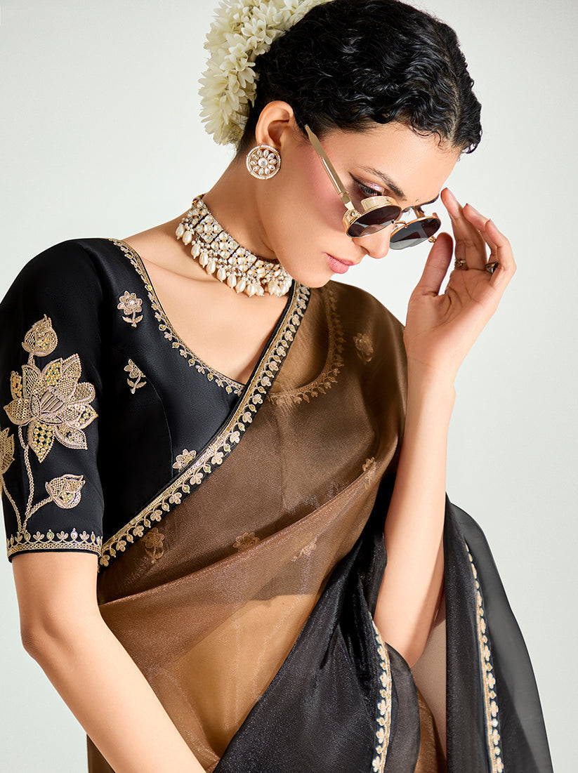 Monjolika Fashion Brown And Black Organza Tissue Sequins Embroidery Handwork Wedding Wear Saree | Grocsy