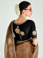 Monjolika Fashion Brown And Black Organza Tissue Sequins Embroidery Handwork Wedding Wear Saree | Grocsy