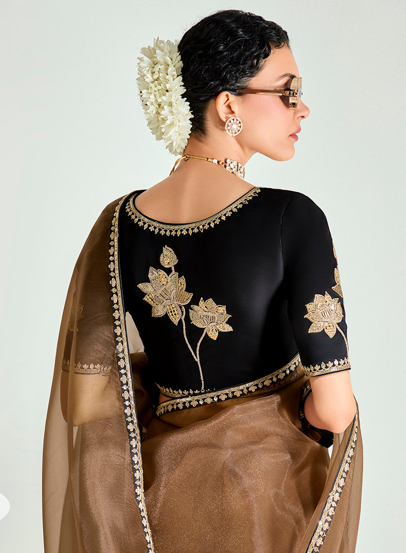 Monjolika Fashion Brown And Black Organza Tissue Sequins Embroidery Handwork Wedding Wear Saree | Grocsy
