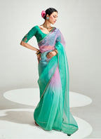 Monjolika Fashion Turquoise And Pink Organza Tissue Sequins Embroidery Handwork Wedding Wear Saree | Grocsy