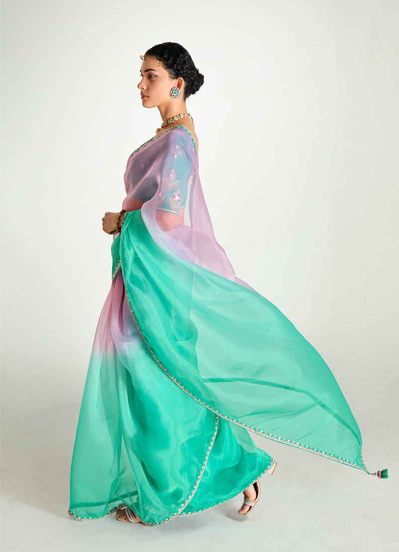Monjolika Fashion Turquoise And Pink Organza Tissue Sequins Embroidery Handwork Wedding Wear Saree | Grocsy